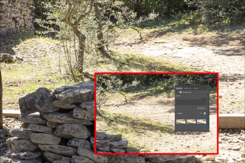 A landscape with an olive tree and a stone wall. A red-bordered inset shows a zoomed view of the same area with image editing software interface visible, highlighting details in the natural setting.