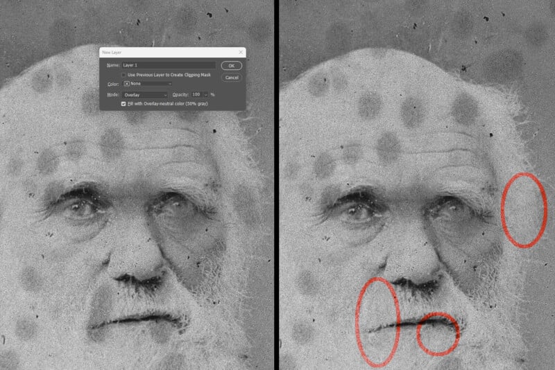 A side-by-side comparison of an old man’s photograph, with the right side showing red circles highlighting specific areas on his face. A small dialog box is open on the left side, displaying editing options.