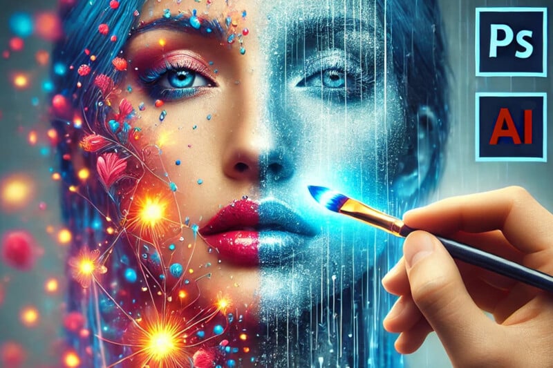 A digital artwork depicts a woman's face split into two styles: vibrant and organic on the left, icy and digital on the right. A hand holds a paintbrush touching the icy side. Icons of Photoshop and Illustrator are visible.