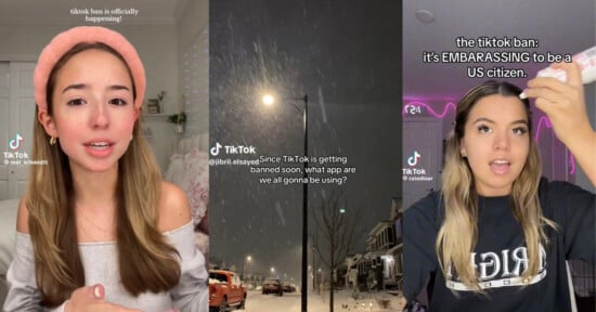 Three TikTok screenshots: Left shows a person with a pink headband discussing the TikTok ban. Center shows a snowy street with streetlights. Right shows a person with long hair expressing embarrassment over the TikTok ban as they apply makeup.