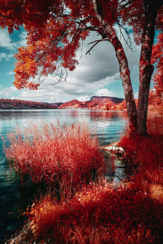 A serene lake scene during autumn, with vibrant red foliage on trees and shrubs by the water. The sky is partly cloudy, reflecting in the calm lake. Hills in the background add depth to the picturesque view.