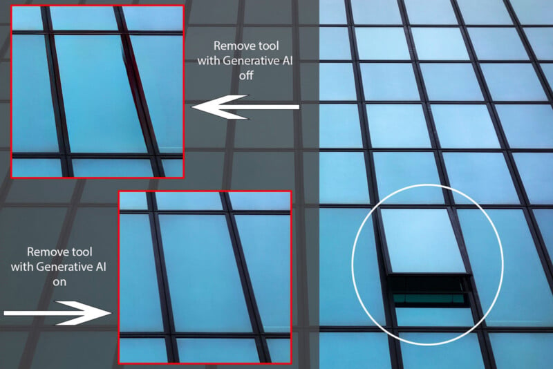 A high-rise building's glass facade is shown twice for comparison. The left image has no window open, while the right image shows an open window. Labels indicate that a generative AI tool removed the window in the left image.