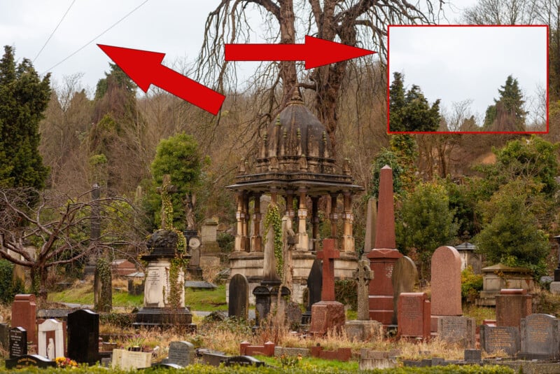 A historic cemetery with a variety of gravestones and a prominent mausoleum. Red arrows point to a mysterious figure in the trees, highlighted in an inset box on the upper right, adding an air of intrigue to the scene.