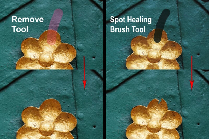 Comparison of two photo editing tools on a teal background with a gold flower. Left side shows "Remove Tool" use with a smooth finish. Right side shows "Spot Healing Brush Tool" with a slightly uneven texture. Red arrows point below each tool.