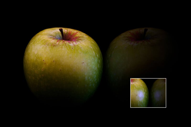 Two green apples with subtle red spots against a black background. There's a smaller inset of the same image in the bottom right corner. The apples are illuminated to highlight their texture and color.