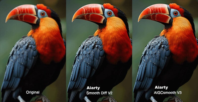 Three side-by-side images of a colorful bird with a large beak. The left image is labeled "Original," the middle "Aiarty Smooth Diff V2," and the right "Aiarty AICGsmooth V3," showing variations in clarity and texture.