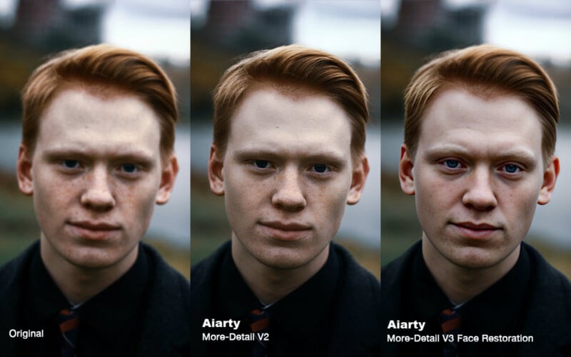 Three side-by-side images of the same young man, with different AI-enhanced detail levels labeled: "Original," "Aiarty More-Detail V2," and "Aiarty More-Detail V3 Face Restoration." The man's appearance becomes progressively sharper and more defined.