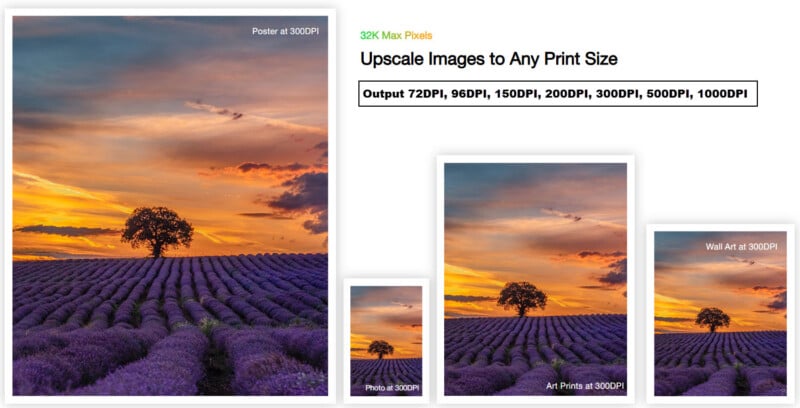 A vibrant sunset over a lavender field with a single tree in the center. The image is shown in various print sizes, highlighting different DPI resolutions, including poster and wall art formats.