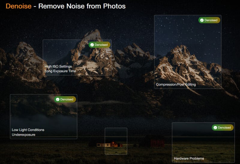 A nighttime mountain scene illustrating noise issues in photography. Labels highlight problems: high ISO, low light, compression, and hardware. Each issue is marked "denoised" to indicate noise reduction.