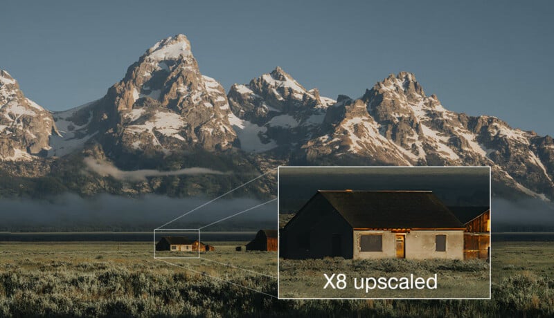 A scenic view of snow-capped mountains with an isolated cabin in the foreground. A magnified section shows the cabin in detail with the label "X8 upscaled.