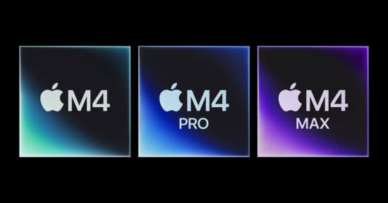 Image showing three square graphics on a black background. Each square displays an Apple logo followed by text: "M4", "M4 Pro", and "M4 Max". The squares have a gradient effect with different colors for each.