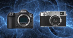 Two digital cameras are displayed side by side against a blue fractal background. The left camera is a Canon EOS R5 without a lens, and the right camera is a Fujifilm X100V with a lens attached.