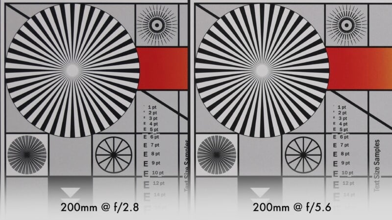 A side-by-side comparison of two test chart images displaying optical sharpness and resolution differences at 200mm focal length with apertures f/2.8 and f/5.6. Radial patterns and text size samples are visible in each image.