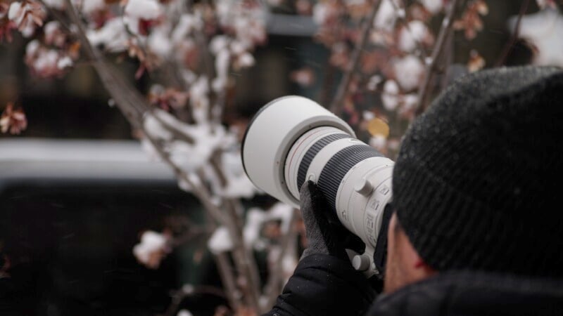 A person wearing a black beanie and gloves is using a large camera lens to photograph snowy branches, with softly focused trees in the background.