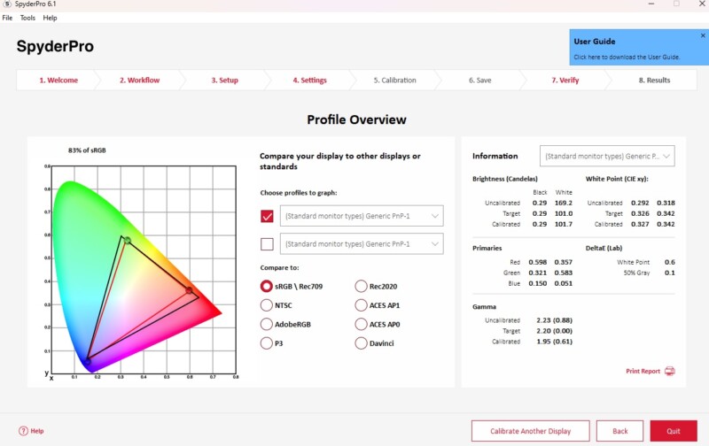 Screenshot of the SpyderPro profile overview window showing a color gamut comparison graph, information section on display metrics like brightness and contrast, and options for calibrating another display or printing a report.