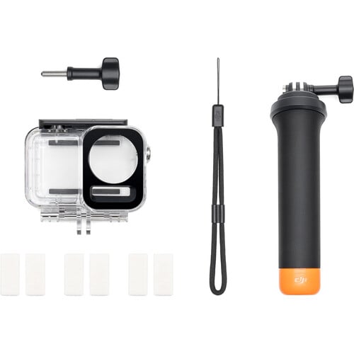 A collection of camera accessories arranged on a white background, including a black and orange handheld grip, a transparent waterproof housing, a lanyard, a knob screw, and six adhesive mounts.