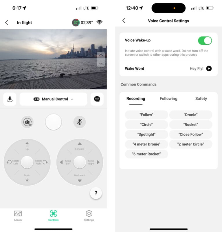 A mobile app interface is displayed. On the left, a landscape photo on a pier with a city skyline shows camera controls. On the right, voice control settings are shown with options for enabling voice commands and common command categories.