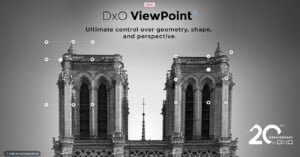 A black and white image of a cathedral facade with two towers, showcasing the software DxO ViewPoint 5. Text reads "Ultimate control over geometry, shape, and perspective." Includes 20th anniversary logo and geometric adjustment markers on the towers.