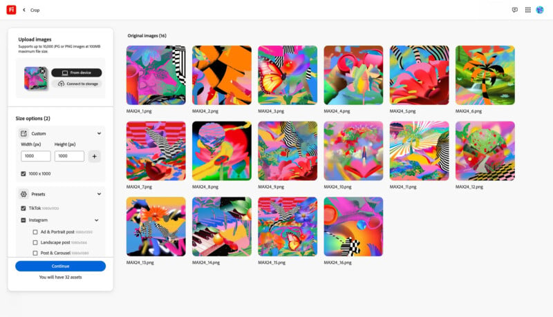 A grid of 15 colorful, abstract digital artwork thumbnails showcasing vibrant patterns and shapes. Each image features a unique combination of bold colors and intricate designs. A toolbar is visible on the left with options for cropping and preset sizes.