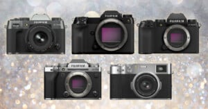 A collage of five Fujifilm cameras against a sparkling background. The models are X-T50, GFX 100, GFX 50R, X-T5, and X100V. Each camera shows its unique design and lens configuration.