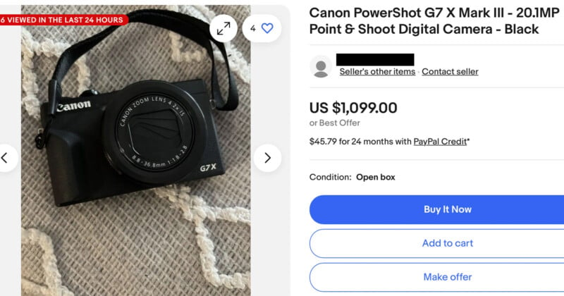 A Canon PowerShot G7 X Mark III digital camera with a black body placed on a textured surface is listed for sale at $1,099.00. The listing highlights details like the seller's other items, condition as "open box," and purchasing options including "Buy it now," "Add to cart," and "Make offer.