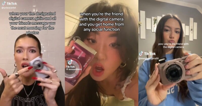 Three women on TikTok hold digital cameras. The left woman, with red nails, reacts excitedly. The center woman peers through her camera's viewfinder. The right woman poses while displaying her camera. Text describes being the designated digital camera friend.