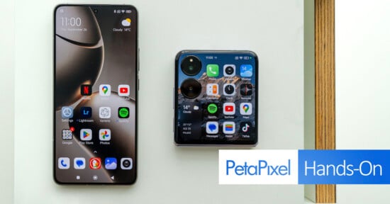 An image displays two smartphones: one unfolded on the left and another folded on the right, showing home screens with various app icons. The unfolded phone shows the time 11:00 and date Thursday, September 28. The image includes the "PetaPixel" and "Hands-On" logos.