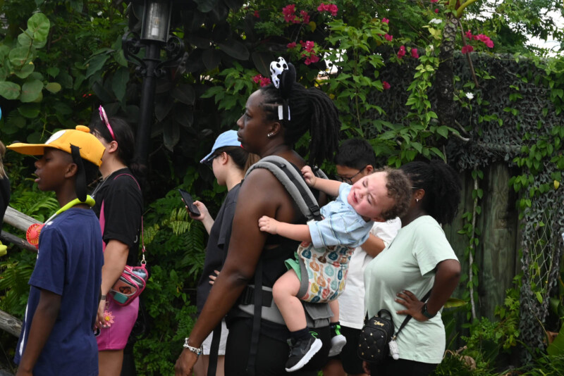 A group of people, including a woman with a small child in a backpack carrier, stand outside. The child appears to be sleeping. The group is surrounded by lush greenery and a tall lamppost. One person wears a yellow cap, another uses a smartphone.