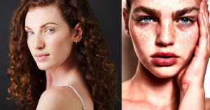 Two women with curly hair and freckles are shown in close-up portraits. The woman on the left has auburn hair, wears a white strap top, and is softly smiling. The woman on the right has blonde hair and is touching her face with a calm expression.