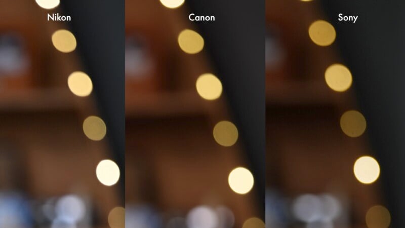 Blurred photo with three sections labeled Nikon, Canon, and Sony. Each section features an abstract bokeh effect with circular yellow lights against a dark background.