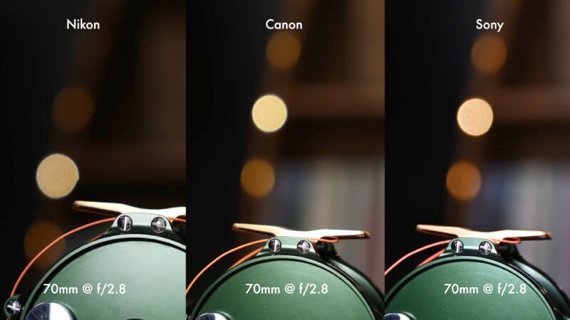 Comparison of bokeh effects from three cameras: Nikon, Canon, and Sony, each at 70mm and f/2.8. The focus is on a green reel with circular light patterns in the background, showing variations in depth of field and blur.