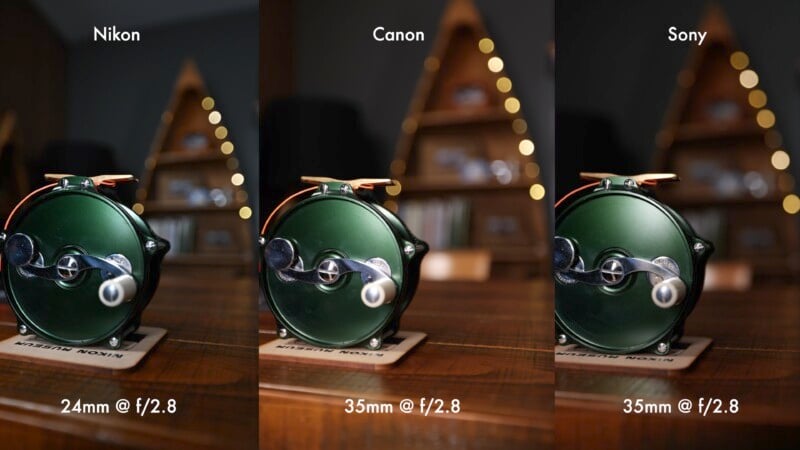 Three side-by-side photos compare camera lenses: Nikon (24mm @ f/2.8), Canon (35mm @ f/2.8), and Sony (35mm @ f/2.8). Each image shows a dark green vintage camera on a wooden table with blurred background lights.