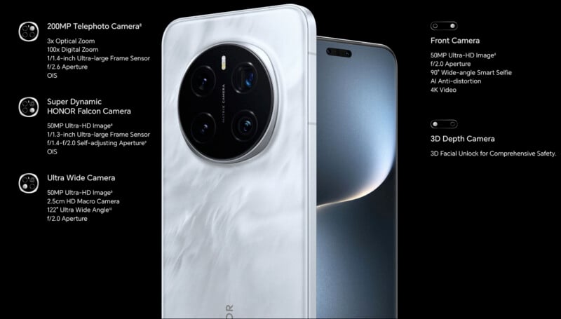 A sleek smartphone with a triple-camera system on the back. The image highlights its 200MP telephoto camera, 50MP wide camera, 2X telephoto sensor, front 50MP camera, 3D depth camera, and super dynamic HONOR Falcon technology.