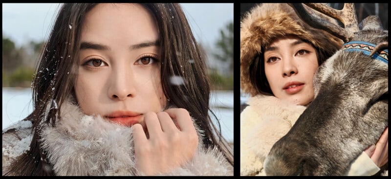 Left image: A person with long dark hair, wearing a fluffy coat, stands in the snow with a serene expression. Right image: The same person is holding a reindeer, wearing a fur-lined hat, and looking content. Natural, snowy background in both images.