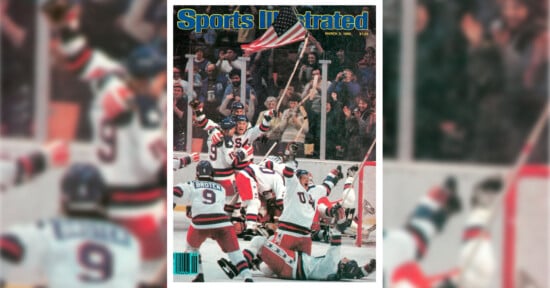 A triumphant hockey team celebrates on the ice with players raising their arms and an American flag. The text "Sports Illustrated" and the date March 3, 1980, are displayed at the top. Enthusiastic fans are visible in the background.