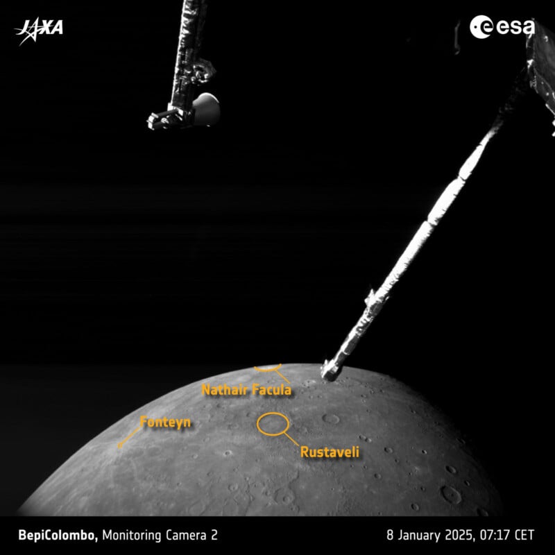 A black and white image of the moon's surface with the spacecraft BepiColombo visible. Labels indicate lunar features: Nathair Facula, Fonteyn, and Rustaveli, with the date and time "8 January 2025, 07:17 CET" noted at the bottom.