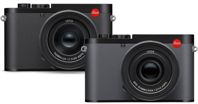 Two black Leica cameras are shown side by side. Each camera features a prominent lens and the red Leica logo on the top corner. The design is sleek and compact, with textured grips for handling.