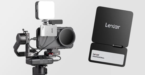 A professional camera setup on a tripod features a mounted smartphone with a light and attached Lexar storage device. Next to it is a close-up of a Lexar Professional storage card and its open case.