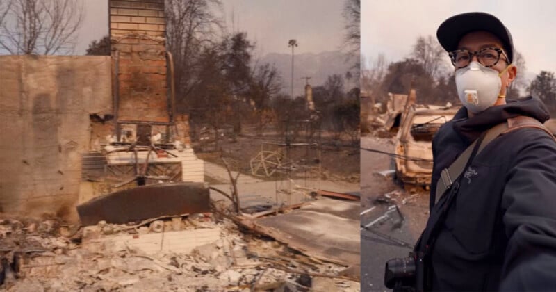 A person wearing a face mask and a cap takes a selfie in front of a burned landscape. The area is filled with rubble, a destroyed building, and charred trees, indicating recent fire damage.