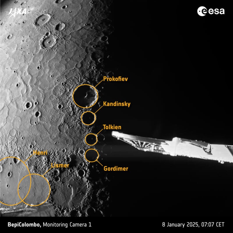 A black and white image of the Moon's surface taken by BepiColombo Monitoring Camera 1, showing craters labeled Prokofiev, Kandinsky, Tolkien, Gordimer, Lismier, and Henri. A spacecraft part protrudes from the right. Date: 8 January 2025.