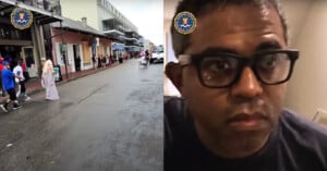 Split image: Left side shows a wet street with pedestrians and a dog under a cloudy sky. Right side features a close-up of a man with glasses indoors. Both images have an FBI logo in the top corners.