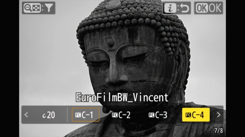 Close-up of a large Buddha statue in black and white, taken through a camera viewfinder. Various camera settings and options, such as "C-4" and "FC-1," are visible, along with text that reads "EuroFil mBW_Vincent.