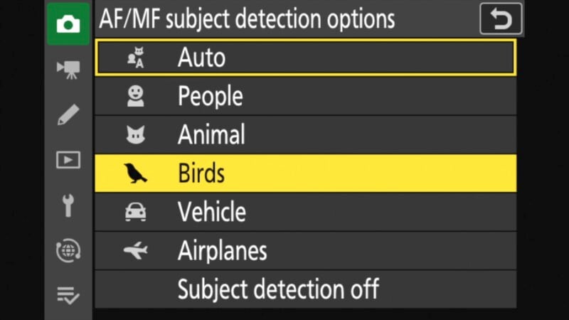 Camera settings menu showing "AF/MF subject detection options" with choices: Auto, People, Animal, Birds (highlighted in yellow), Vehicle, Airplanes, and Subject detection off.