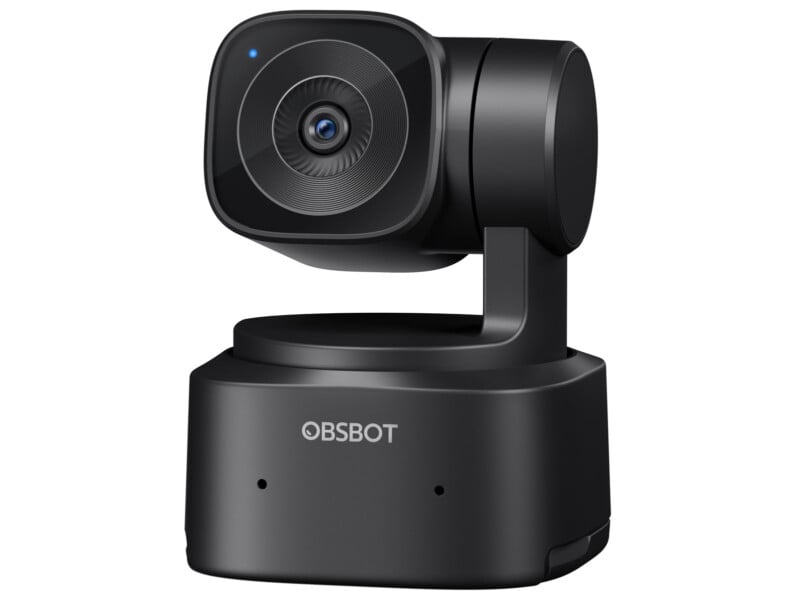 A black OBSBOT webcam with a circular lens on a swiveling base, designed for video streaming and conferencing. The device's sleek, modern design features the OBSBOT logo on the front.