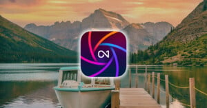 A serene lake surrounded by mountains is shown during sunset, with a boat docked at the pier in the foreground. Over the scene, an icon featuring a colorful, swirling camera shutter design and an infinity symbol is prominently displayed in the center.