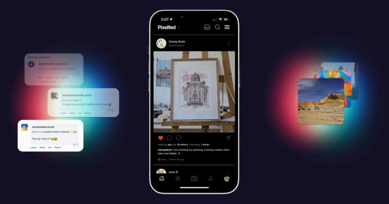 A smartphone screen displays an art app with a pencil drawing on an easel. To the left, blurred messages with emojis are visible. To the right, landscape photos float against a dark background.