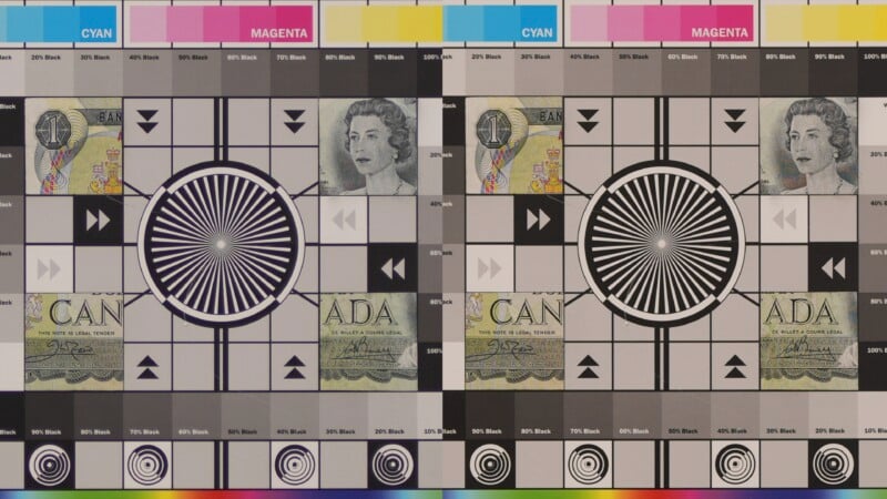 A symmetrical test pattern featuring concentric circles, grayscale bars, color blocks, and a vintage-style portrait of a person on banknote-style graphics. The top edges are labeled "Cyan" and "Magenta.