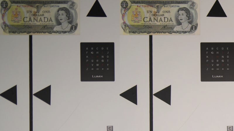 An image showing two Canadian one dollar bills each with an eye test chart beneath them. The charts feature letters arranged in descending order of size. Black triangular markers are visible on a white background.