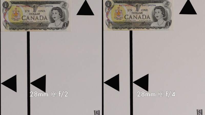 Comparison of two photos showing a Canadian one-dollar bill with focus at 28mm. Left side labeled "f/2" and right side labeled "f/4", demonstrating different aperture settings. Geometric shapes are used for alignment.