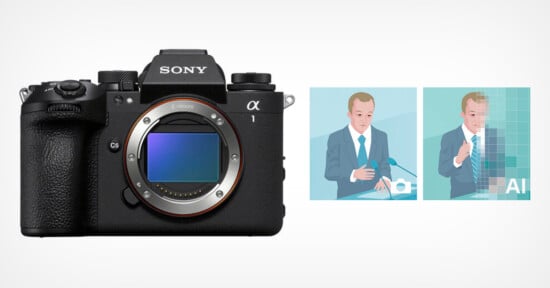 Image of a Sony Alpha camera on the left. To the right, two illustrations show a person giving a speech: the first is clear, the second is pixelated with "AI" text, suggesting artificial intelligence processing.